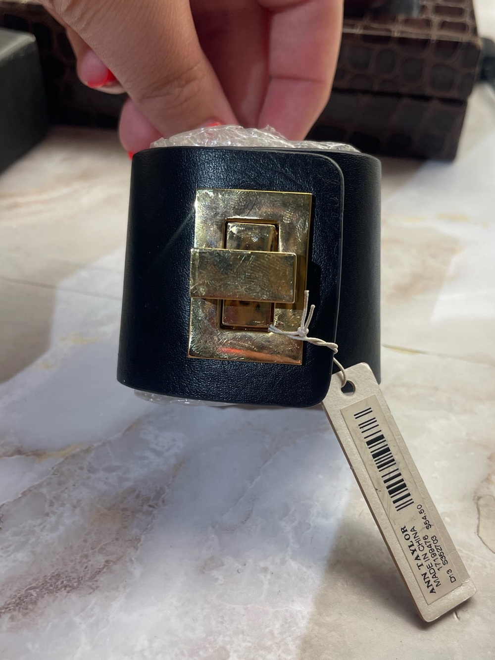 Ann Taylor (Black Leather Cuff Bracelet with Gold Turn-Lock Accent)